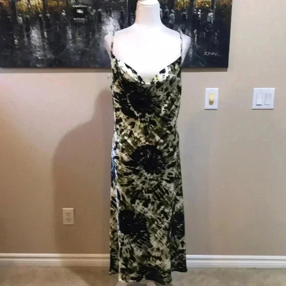 Emma & Michele Black/Green/ Cream Silk Look Maxi Draped Front Slip Dress-Size M - Picture 1 of 8